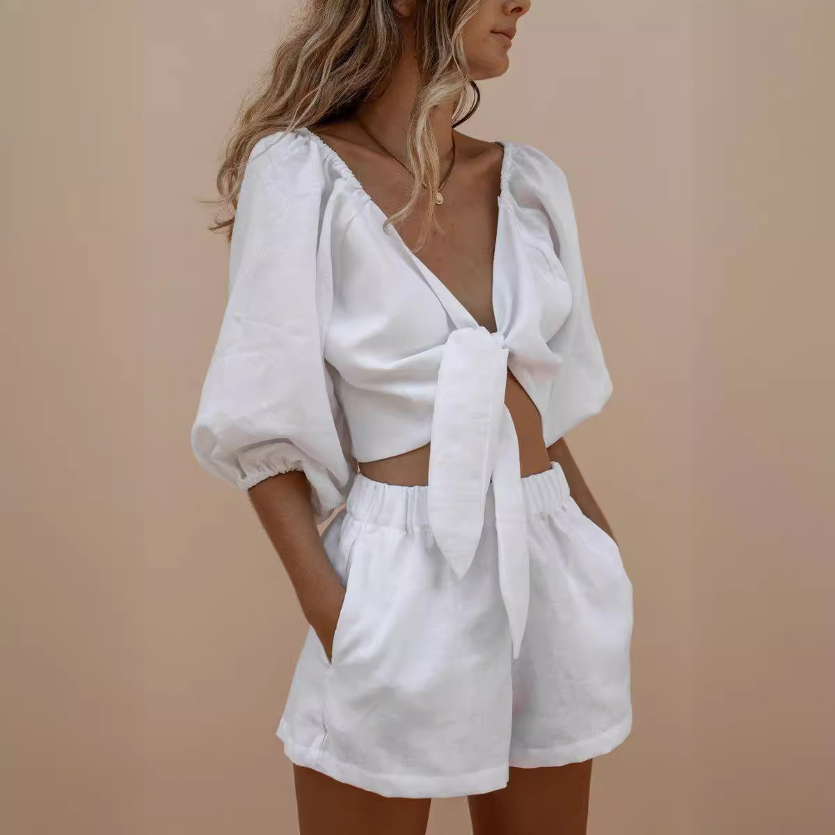 Monochrome Suit Set - Manga folhada feminina, terno monocromático, shorts
