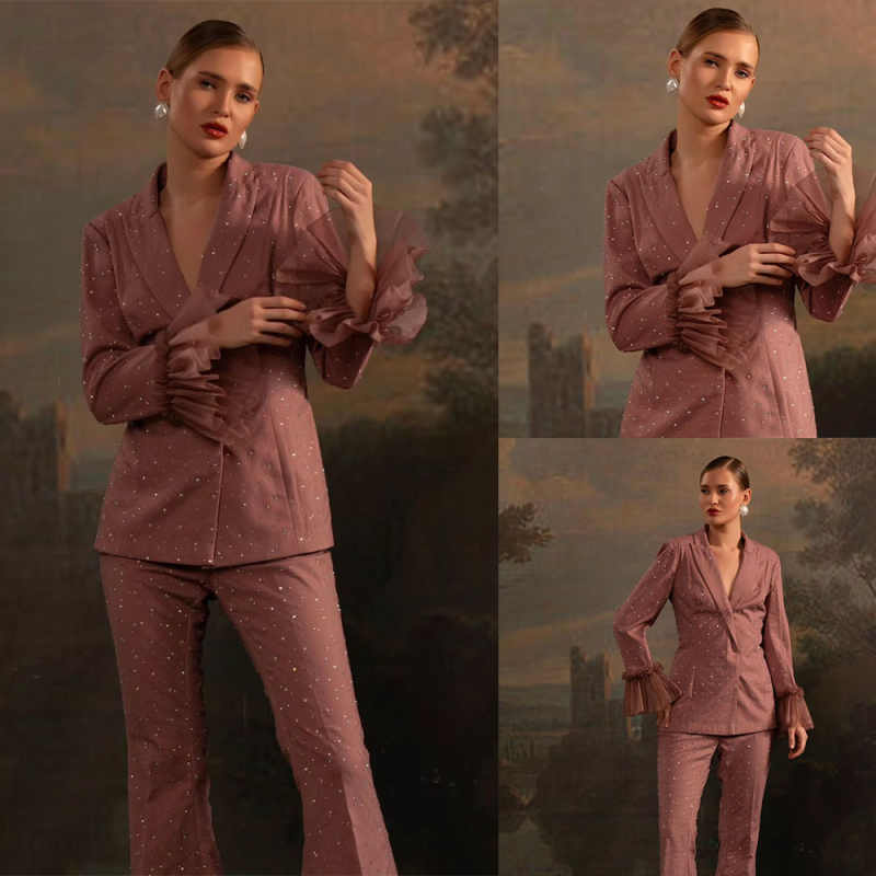Women Formal Wear With Tie - Grânulos conjuntos de blazer feminino personalizado