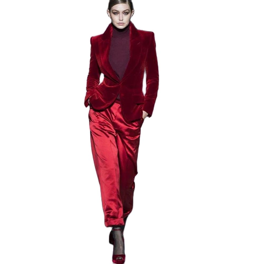 Women'S Red Formal Wear - Mulheres calças ternos vinho vermelho veludo