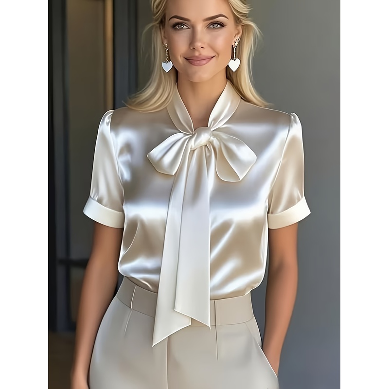 Camisa Elegante de Manga Curta - Women Formal Wear With Tie avaliação e preço