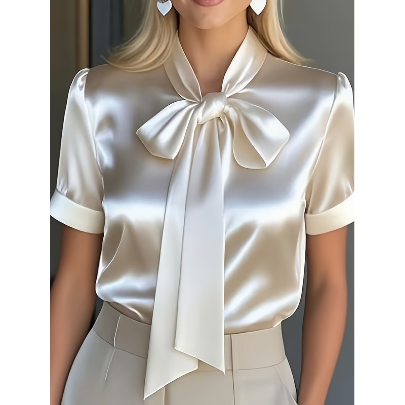 Camisa Elegante de Manga Curta - Women Formal Wear With Tie avaliação e preço